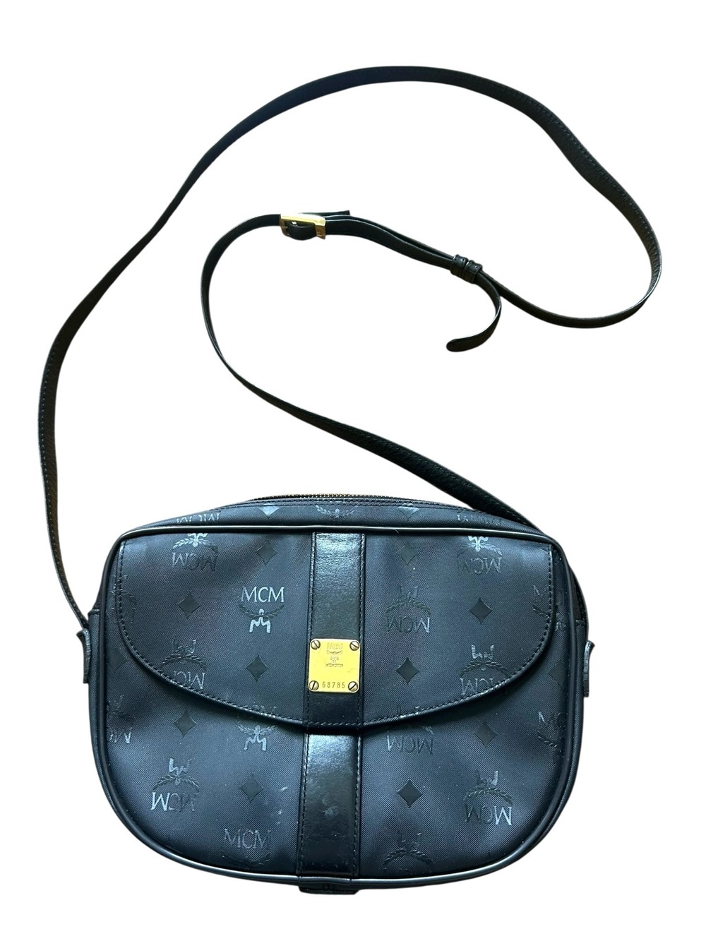 Vtg MCM Monogrammed Visetos Black Leather Shoulder Bag Gold Tone Hardware